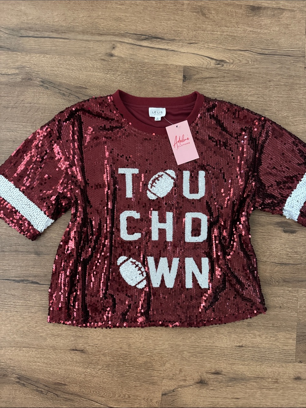 NWT Le Lis Burgundy Sequin 'TOUCHDOWN' Short Sleeve Tee